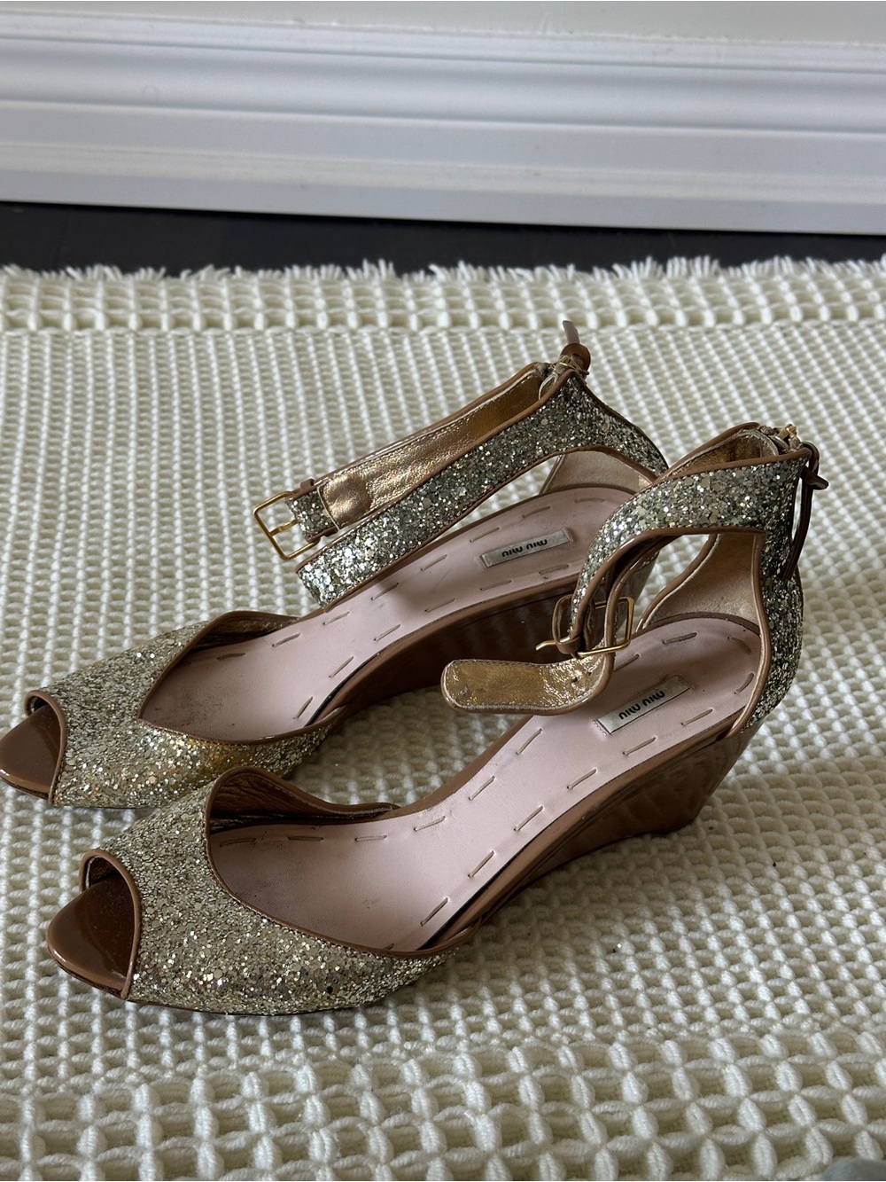Miu Miu Glitter Gold Peep-Toe Wedge Sandals Size 40